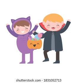 happy halloween, girl cat and boy dracula costumes with pumpkin candies vector illustration