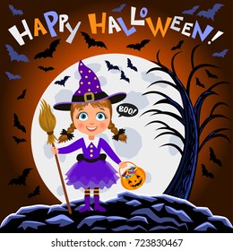 Happy Halloween. Girl in halloween costume on moon background. Witch with broomstick and pumpkin bag. Night autumn landscape with scary tree. Vector