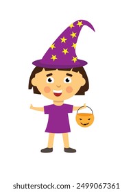 Happy Halloween Girl Dressed as Magician with a Carved Pumpkin Bucket. Seasonal national holiday character concept vector