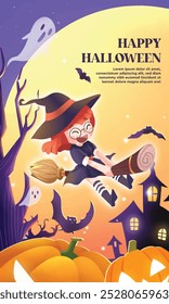 Happy Halloween girl dressed up as witch sitting on broom