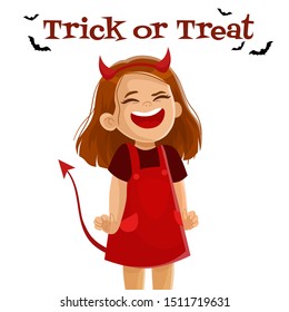 Happy Halloween. Girl kid in halloween costume little devil