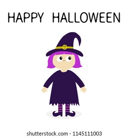Happy Halloween. Girl wearing Witch costume curl hat. Cartoon funny spooky baby magic character. Flat design. Cute head face. Greeting card. White background. Isolated. Vector illustration