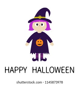 Happy Halloween. Girl wearing Witch costume curl hat. Orange pumpkin. Cartoon funny spooky baby magic character. Cute head face. Greeting card. Flat design. White background. Isolated. Vector