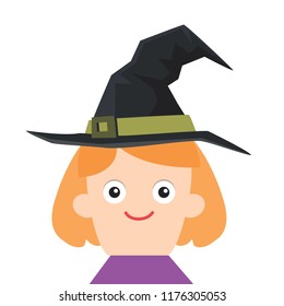 Happy Halloween. Girl wearing Witch costume. Cartoon funny spooky baby magic character. Cute head face. Greeting card. Vector illustration in cartoon style. Flat design.