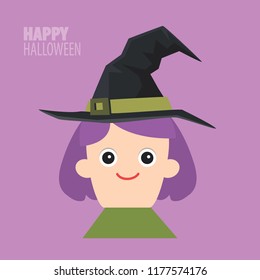 Happy Halloween. Girl wearing Witch costume. Cartoon funny spooky baby magic character. Flat design. Cute head face. Greeting card. Vector illustration in cartoon style. Flat design.