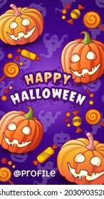 Happy Halloween. Glowing pumpkins lanterns and candies. Halloween stories template. Vector illustration for halloween. Background pattern with ghosts and pumpkins silhouettes.