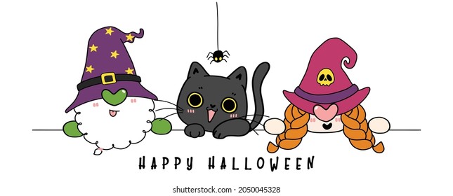 Happy Halloween Gnome and cat, flat cartoon character doodle outline