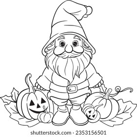 Happy Halloween. Gnome and Jack O’ Lanterns cartoon and pumpkins element. Doodles art for greeting cards and invitations. Coloring book for adults and kids.