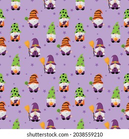 happy halloween gnomes cartoon character seamless pattern isolated on purple background. vector illustration.