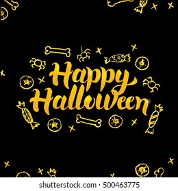 Happy Halloween Gold Black Greeting Card. Vector Illustration of Seasonal Holiday Calligraphy with Scary Doodles.