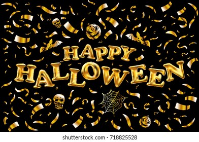 Happy Halloween gold glitter balloon lettering on golden confetti black background greeting card art