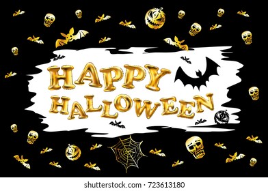 Happy Halloween gold glitter balloon lettering on golden confetti black background greeting card