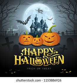 Happy Halloween gold message, pumpkin bat, witch, castle, design on moon background, vector illustrations