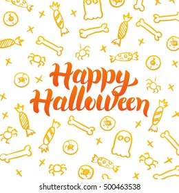Happy Halloween Gold Postcard. Vector Illustration of Seasonal Holiday Lettering with Golden Doodles.