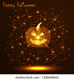 Happy Halloween. A golden polygonal picture of a pumpkin and cobwebs. Vector illustration