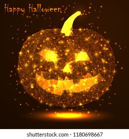 Happy Halloween. A golden polygonal picture of a pumpkin and cobwebs. Vector illustration