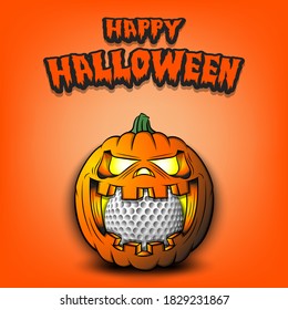 Happy Halloween. Golf ball inside frightening pumpkin. The pumpkin swallowed the ball with burning eyes. Design template for banner, poster, greeting card, party invitation. Vector illustration