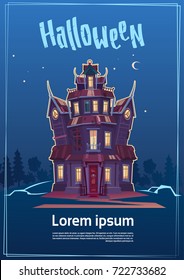 Happy Halloween Gothic Castle With Ghosts In Moonlight Holiday Greeting Card Concept Flat Vector Illustration