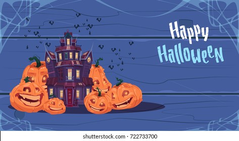 Happy Halloween Gothic Castle With Ghosts And Pumpkins Holiday Greeting Card Concept Flat Vector Illustration