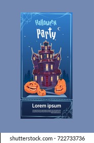 Happy Halloween Gothic Castle With Ghosts In Moonlight Holiday Greeting Card Concept Flat Vector Illustration