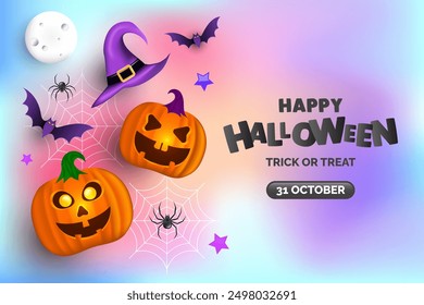 Happy Halloween Gradient mesh background with cute Pumpkins, bats, moon, and spider on creative layout vector