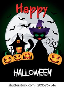 Happy Halloween graphic design. Halloween background with funny pumpkins and witch's house, halloween cat. Vector illustration