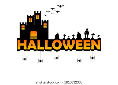 Happy Halloween graphic design. The silhouette of bats,zombie,castle and graveyard. Vector illustration