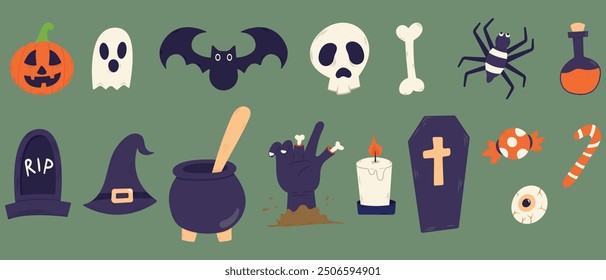 Happy Halloween graphic element pack with hand drawn vector illustration style for website, social media, poster, banner, greeting card, presentation, etc.