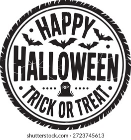 El gráfico de Halloween feliz presenta la lápida de los murciélagos y el texto de truco o trato en un marco circular perfecto para decoraciones y diseños de Halloween.