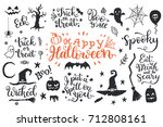 Happy Halloween graphic and lettering set. Trick or Treat, Boo, I put a spell on you and another phrases with hand drawn symbols