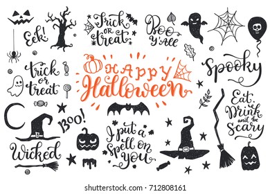 Happy Halloween Graphic And Lettering Set. Trick Or Treat, Boo, I Put A Spell On You And Another Phrases With Hand Drawn Symbols