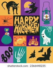 Happy halloween graphic minimalistic style poster. Hand drawn halloween related items in flat minimalistic style. Perfect for social media, graphic poster, card, printout, pattern, tshirt print