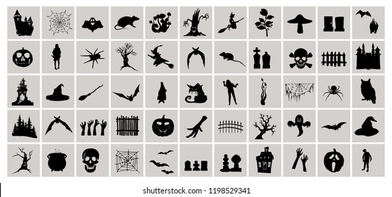 Happy Halloween graphic set. Halloween collection, witch attributes, creepy and spooky elements for halloween decorations, doodle silhouettes, sketch, sticker.  Hand drawn vector illustration.