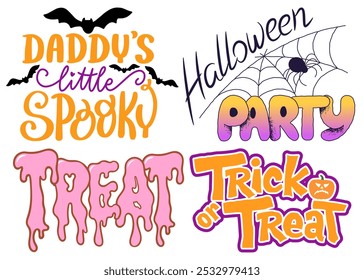 Happy Halloween Graphics Text Sets, Spooky Typography Designs, Festive Halloween Lettering, Trick or Treat Decor Elements, Eerie Celebration Text