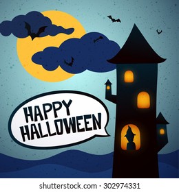 Happy Halloween graphics, tower with witch and bats