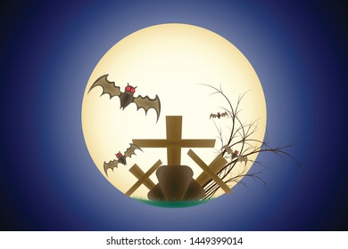 Happy Halloween Grave Bat Flying in the Moon Scene Background Gradient Blue