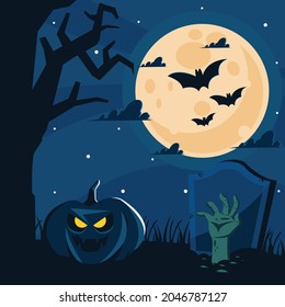 Happy Halloween graveyard background with zombie hand and pumpkin