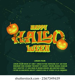 Happy Halloween green banner background with spider webs and flying bats, glowing pumpkins Vector illustration.