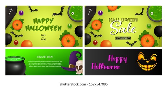 Happy Halloween green, black banner set with coffins. Halloween, October, trick or treat. Lettering can be used for greeting cards, invitations, announcements