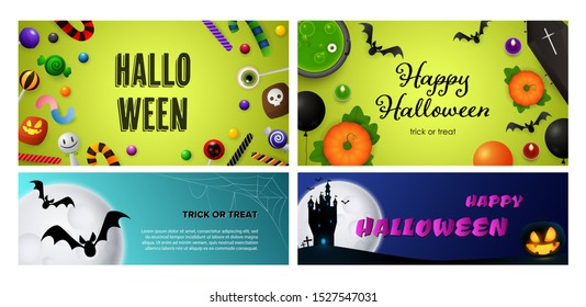 Happy Halloween green, blue banner set with candies and moon. Halloween, October, trick or treat. Lettering can be used for greeting cards, invitations, announcements