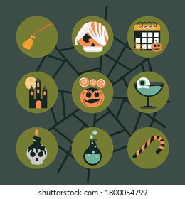 happy halloween, green cobweb background trick or treat party celebration flat and block icons set vector illustration