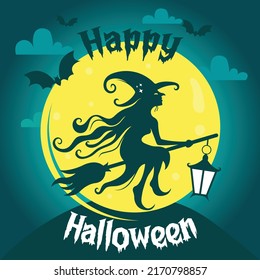 happy Halloween green flying witch lantern greeting or postcard background design illustrations