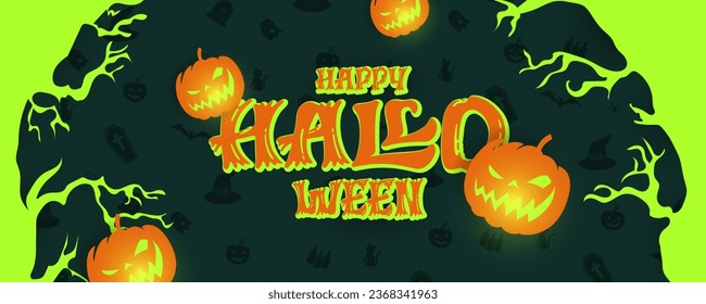 Happy Halloween green Horizontal banner background with glowing pumpkins Vector illustration.