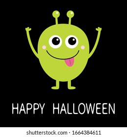 Happy Halloween. Green monster with big eyes, tongue and horns. Funny Cute cartoon kawaii character. Baby collection. Flat design. Greeting card. Black background. Isolated. Vector illustration