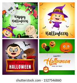 Happy Halloween green, violet banner set with vampire, witch. Halloween, October, trick or treat. Lettering can be used for greeting cards, invitations, announcements