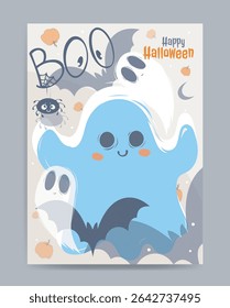 Happy Halloween greeting with adorable cartoon ghosts, spooky bats, and pumpkins on a light background. Fun and playful design for Halloween celebration. Vector illustration