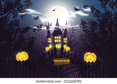 Happy Halloween greeting  background design with  fog clouds. Happy Halloween background with pumpkin and bat for trick or treat night celebration. 
