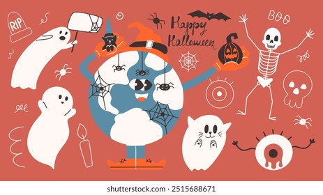 Happy Halloween greeting background. Funny hand drawn vector illustration. Festive banner with Halloween Planet Earth, ghosts, skeleton, skull and eye. 