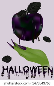 Happy halloween greeting background. Poisoned apple and witch, vector illustration