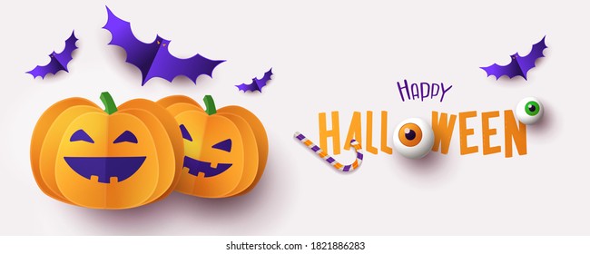 Happy Halloween greeting banner, card or party invitation with Holiday calligraphy, cutest pumpkins and bats on white background. Design template for advertising, web, social media. Paper cut style